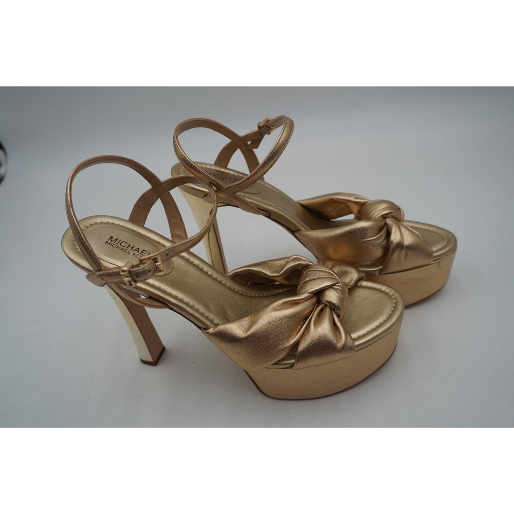Michael Kors Elena Metallic Gold Leather Knot Platform Ankle Strap Heels Sz 10M